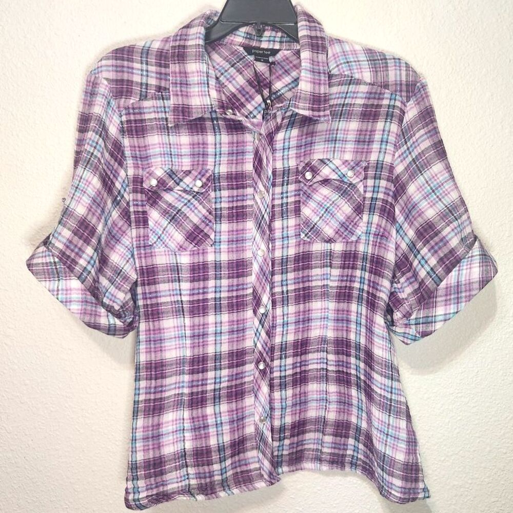 Paper Tee Plaid Button-Up Shirt Purple White Blue Metallic Womens Size 3XL NWT!